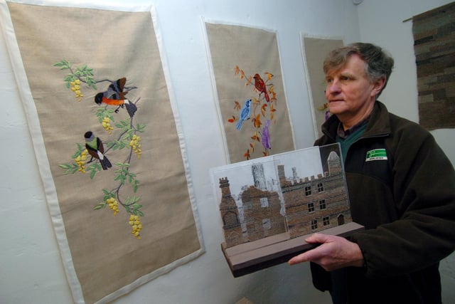 Peter Machan with some of the embroidery inspired by Mary Queen of Scots at Manor Lodge in 2011