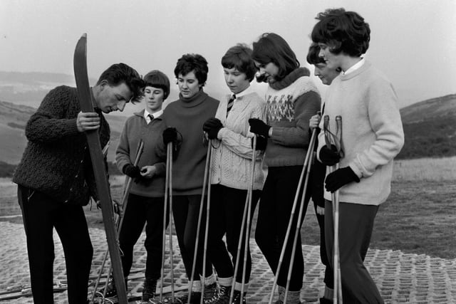 Edinburgh school children having skiing lessons on the new plastic slope provided by Edinburgh Corporation at Hillend in October 1965.