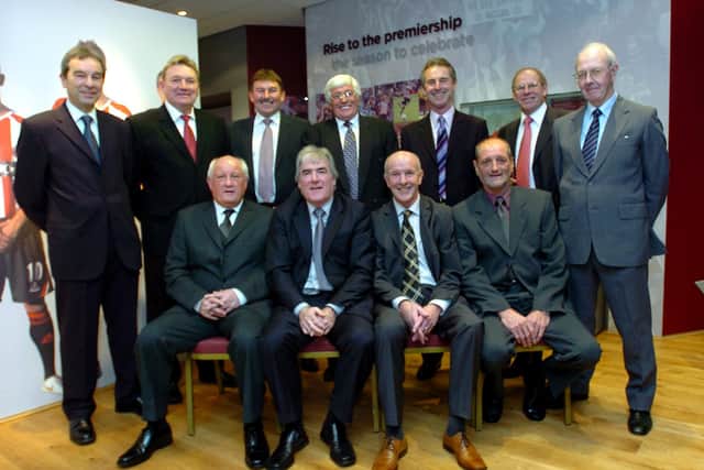 Sheffield Utd 1970-71 promotion winning team reunion Dinner at Bramall Lane. BR LtoR. Frank Barlow,Tony Currie,Geoff Salmons,Alan Woodward,Colin Addison,Ted Hemsley,Geoff Goodall)Physio).FR LtoR. Len Badger,David Ford,Billy Dearden,Eddie Colquhoun