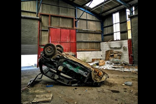 An upside down car on part of the former Askern Saw Mills site