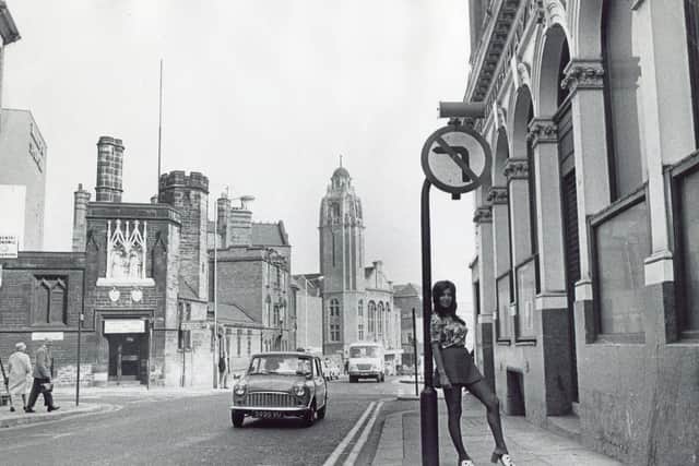 Norfolk Street, Sheffield, 1971, with 20 year old Maxine Williamson of Dronfield, secretary to the publicity officer Sheffield, adding the modern touch