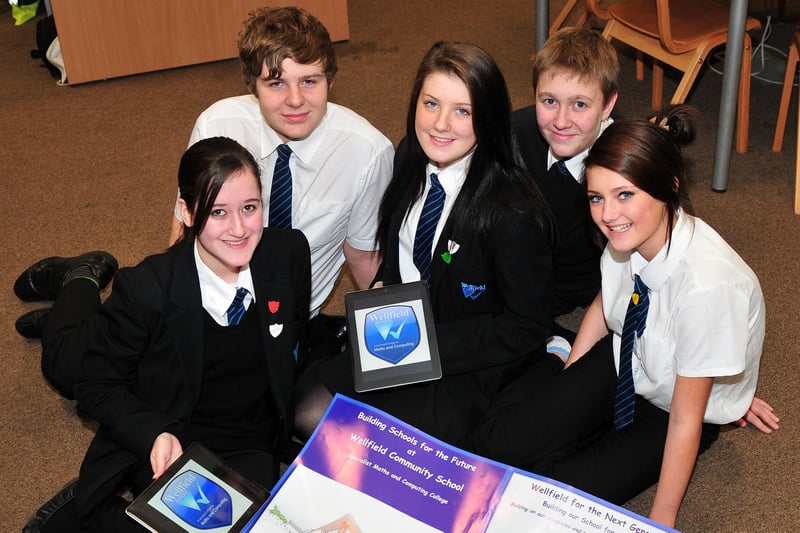 Wellfield Community School pupils (rear left to right) Josh Hare and Sam Forster, were pictured with (front left to right) Kimberley Roache, Kayleigh Jobs and Charlotte Huntington with plans for their new school in 2011. Remember this?