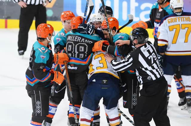 Rough stuff at the Sheffield v Guildford game. Picture: Dean Woolley