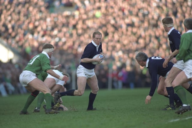 Though born in Haddington in East Lothian, Derek White, 62, went on to play for Gala. White was capped 42 times for Scotland and was also on the Lions’ 1989 Australian tour.
Here he's seen running with the ball in the Ireland v Scotland match during 1992's Five Nations in Dublin. (Photo: Mike Hewitt/Allsport)