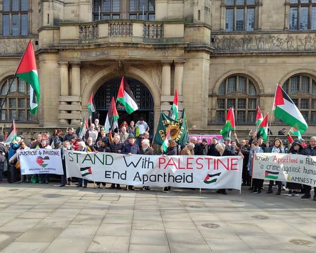 Demonstrators outside Sheffield Town Hall on March 6, 2024, when a 7,500-signature petition on the war in Gaza was presented to Sheffield City Council. Picture: Sheffield Palestine Coalition Against Israeli Apartheid