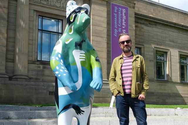 Artist James Green with his Sheffield Bear in support of the Children's Hopsital Charity outside Weston Park Museum - the design features his iconic donkeys