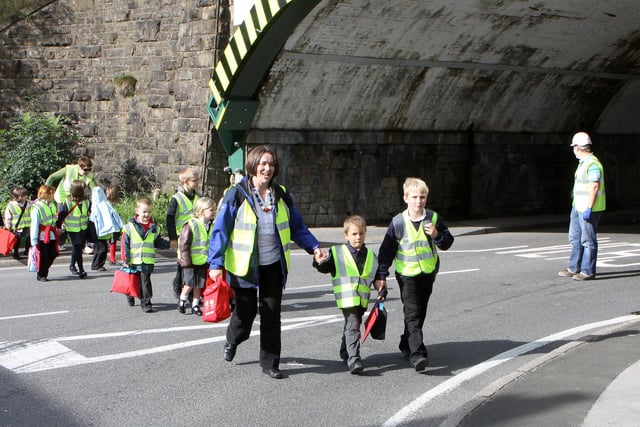 The special walking bus organised by the police and contractors Mansell for the duration of road works near Chinley Primary School in 2010