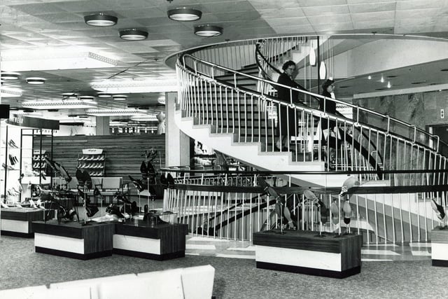 The famous spiral staircase in the Brightside & Carbrook Co-op Store, at Castle House, Sheffield, in 1964. It's now part of trendy foodhall Kommune