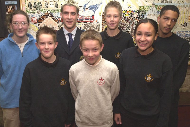 Sheffield Olympic diver Leon Taylor presented the school sports prizes at King Ecgbert School, Sheffield in October 2001, when a sports star of the future was one of the winners. Seen are, from left, Jennie Miles, Patrick Luker, Leon Taylor,  Andrew Pearson,  Ashley Biggs, Jessica Ennis and  Anton Thomas-Epsley.