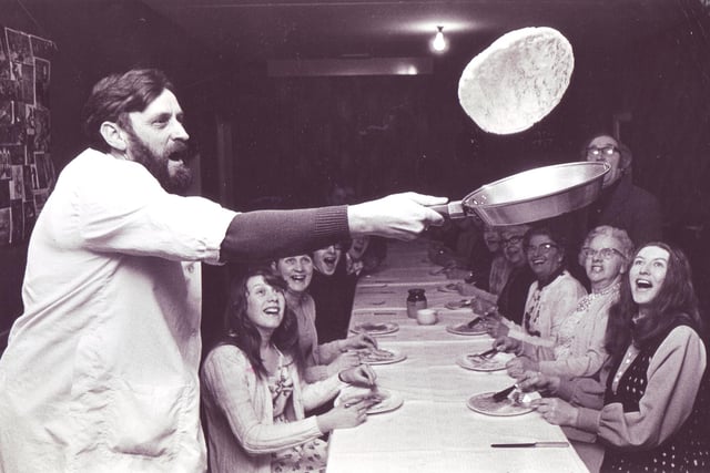 Derek Valentine was kept busy supplying the pancakes at a social held at St. Stephen's Church Hall, Rotherham  Feburary 1975