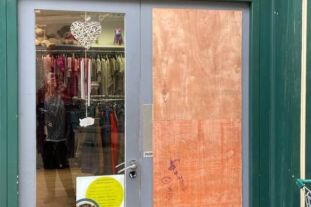 Damage to The Sheffield Cats Shelter charity shop in Hillsborough after it was targeted for a third time in as many months