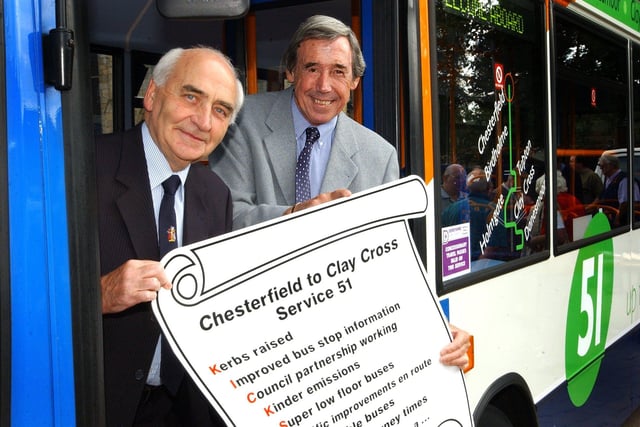 Gordon Banks at the launch of a new improved No51 bus service in Chesterfield, with councillor Walter Burroughs cabinet memeber for transport for Derbyshire County Council in 2004