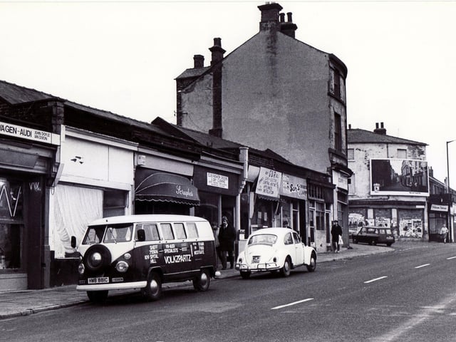 A view of the shops at Spital Hill, Pitsmoor, Sheffield - November 1983