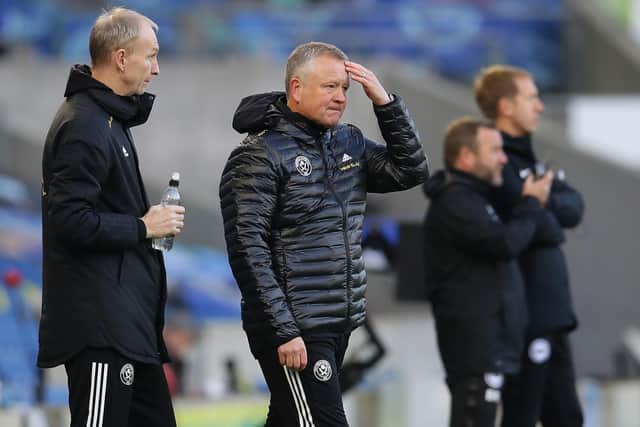 Chris Wilder and Alan Knill assistant manager of Sheffield Utd shows their frustration during the Premier League match at the AMEX Stadium, Brighton and Hove.  David Klein/Sportimage