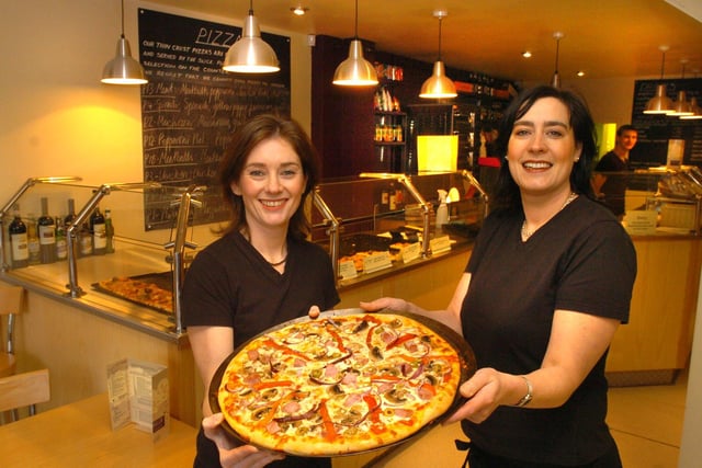 Pictured at the Alfie & Bella Pizza and sandwich shop in 2005, Howard Street, Sheffield, where Anne Lindley-French and Sarah Bellamy were seen with their giant  16 inch Pizza.