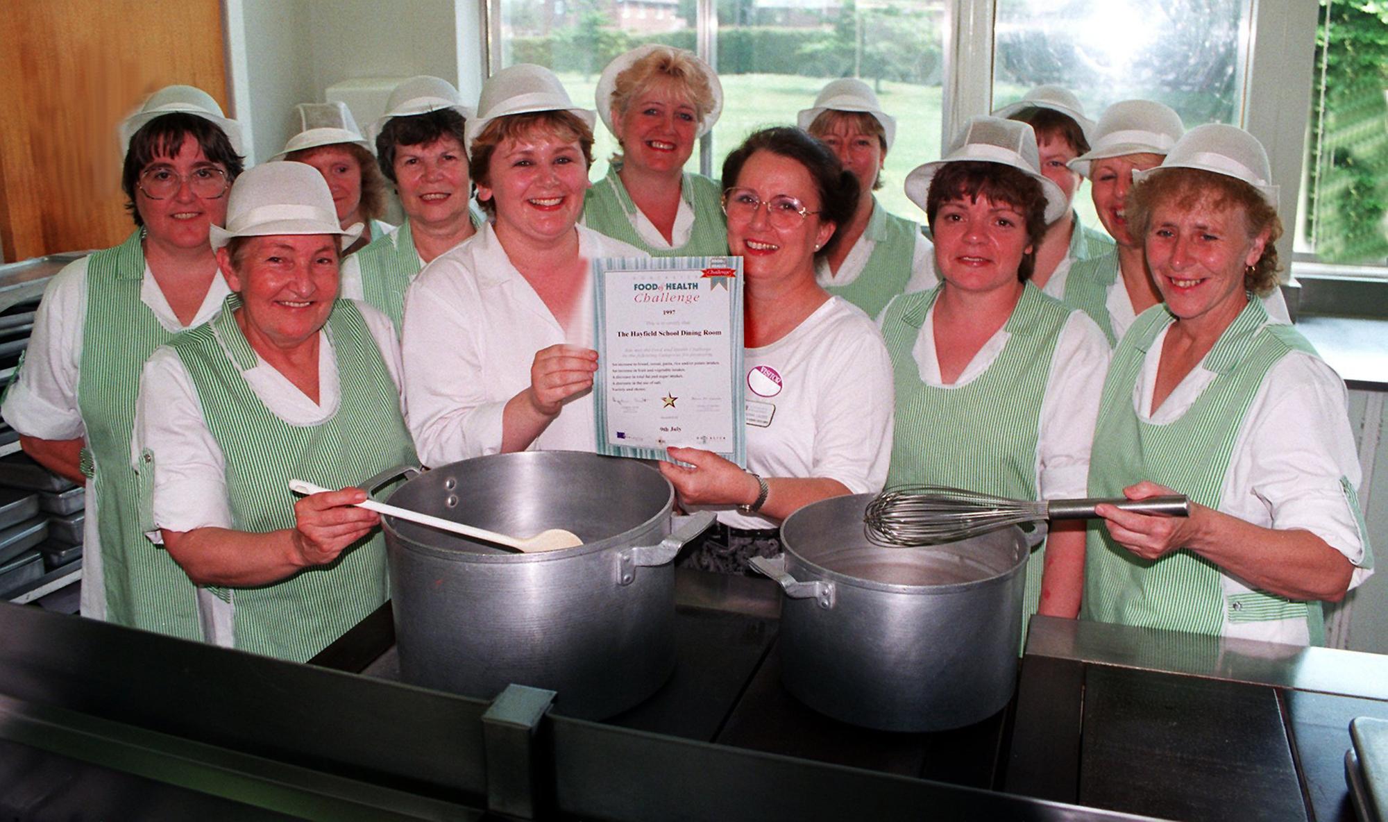 Which dinner ladies and students can you spot in this retro gallery of school meals?