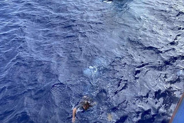 Stuart Bee, swims toward a life preserver as he is rescued by the crew aboard the U.S. Coast Guard.