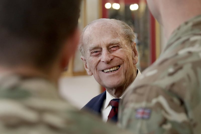 The Duke Of Edinburgh in his capacity of Colonel, Grenadier Guards meets with officers from 1st Battalion at Lille Barracks in Aldershot, England, 2017
