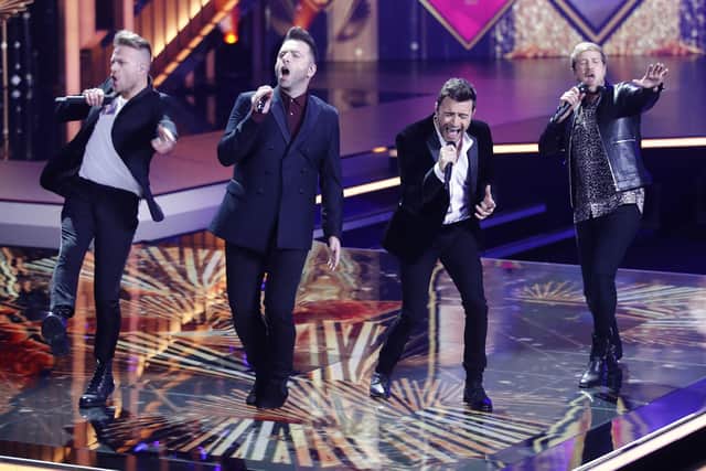 Westlife perform during the annual German film and television awards 'Golden Camera' ('Die Goldene Kamera') of German TV magazine 'HoerZu' in Berlin on March 30, 2019. - The award of of the Media Group Funke honours outstanding achievements in television, film and entertainment. (Photo by HANNIBAL HANSCHKE/AFP by Getty Images)