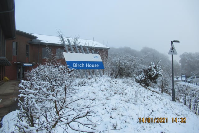 Snowfall at the NHS Mansfield And Ashfield CCG HQ at Birch House, on the Ransom Wood Business Park, off Southwell Road W, Rainworth/