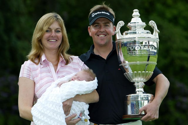 The last Scottish victory at the PGA came in 2004 when Scott Drummond sprang a surprise to win by two from Angel Cabrera. Here he shows off the trophy with wife Clare and their newborn baby Keira.