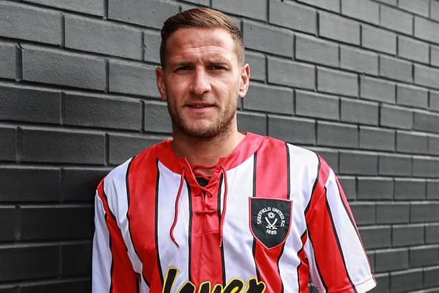 Current captain Billy Sharp in the retro replica Sheffield United home shirt from the 1992-94 season. Picture: @SheffieldUnited