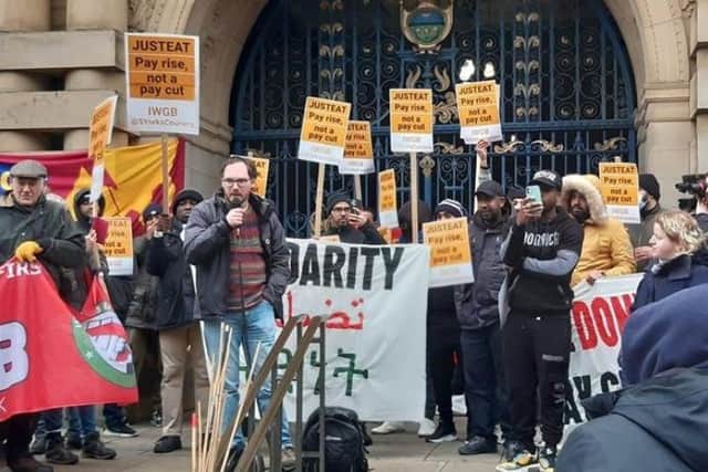 Protesters at a Just Eat courier protest at the Town Hall in Sheffield - the city's trades council has backed the strikes and is also helping to unionise workers in the 'gig economy'