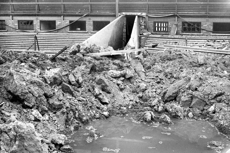 The former home of Sunderland Foot Club was bombed in May 1943. The bomb crater in the pitch was just a part of the damage to the football ground.