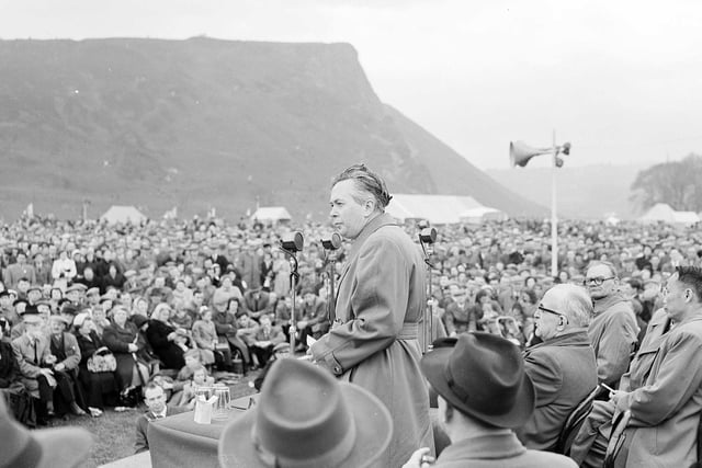 Labour MP Harold Wilson speaks to the crowds at the Miners Rally at Holyrood Park in May 1955.