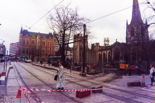Supertram track work nears completion near Sheffield Cathedral, Church Street, January 23, 1995