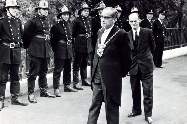 The opening of Rivelin Valley Fire Station by the Lord Mayor, Ald Dan O'Neill, and Ald E Scott, Chairman of Engineering Services, with some of the firemen who had just given a demonstration, September 5, 1969