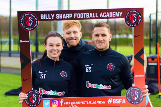 Sam pictured with Billy Sharp and the academy's director of coaching, Ryan Hopkinson.