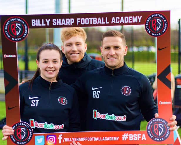 Sam pictured with Billy Sharp and the academy's director of coaching, Ryan Hopkinson.