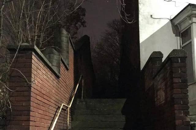 These stairs are at the bottom of a gennel starting on Chesterfield Road and leading to Scarsdale Road, Woodseats, one of the first that Katie Brear explored