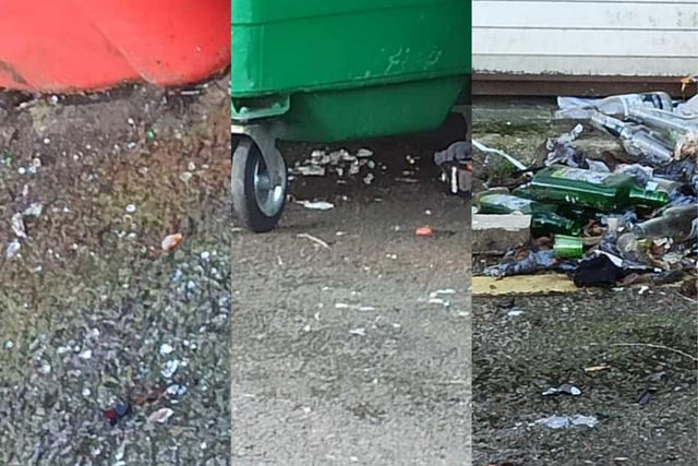 These photos show smashed shards lying on the floor near bins and dumped rubbish