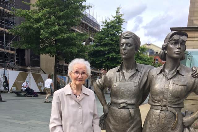 Joyce Lawler, pictured next to the famous Women of Steel statue at Sheffield City Hall in November 2016