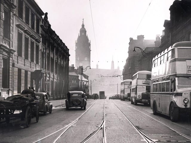 Cars and buses on Leopold Street, Sheffield, in 1947