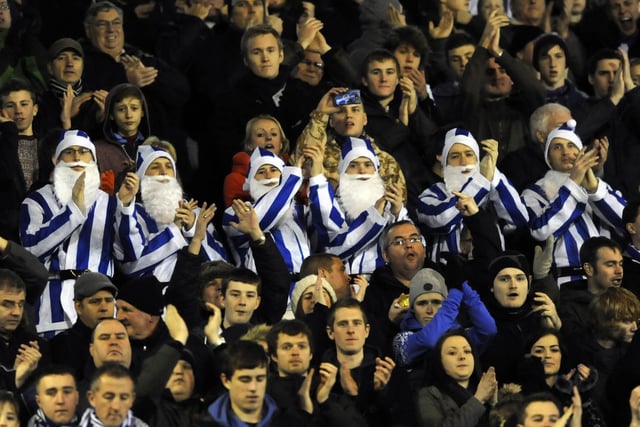 Festive Sheffield Wednesday fans get into the Christmas spirit at Oakwell in December 2012