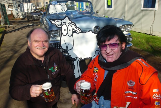 Pictured at Oakwood Technical College, Rotherham in 2008, where  Elvis lookalike Lewis Gates officially opened the beer festival taking place at the college. Seen is Jim Charters the event organiser with Elvis.