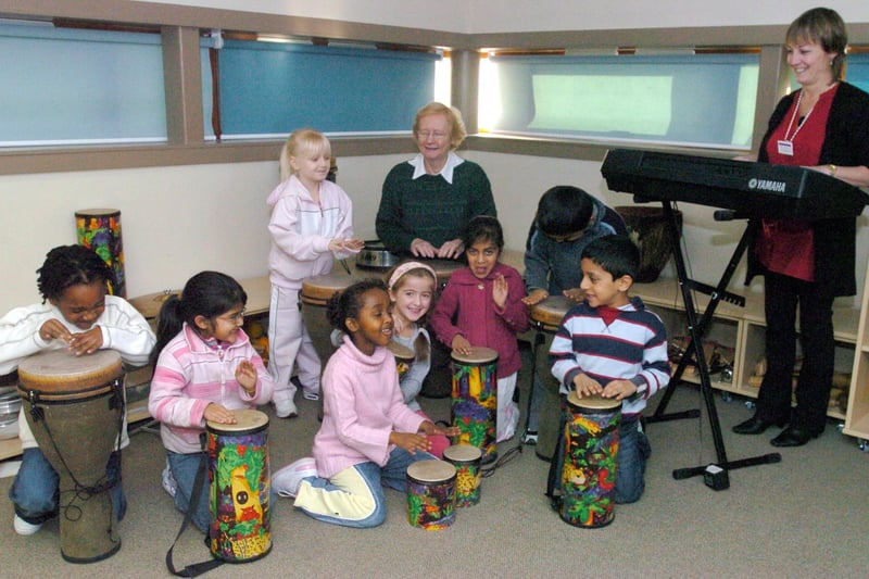 Deputy headteacher Sue Atkinson leads a class in the music and dance room in the then new Sharrow Primary School, joined by Coun Jean Cromar, in December 2007