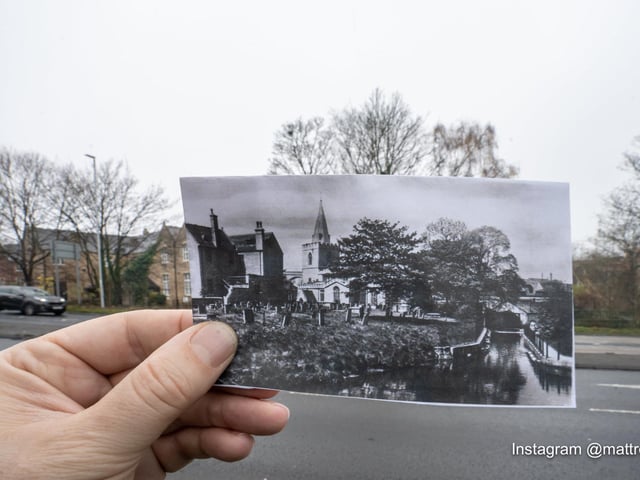 The old photograph shows the river running alongside the church