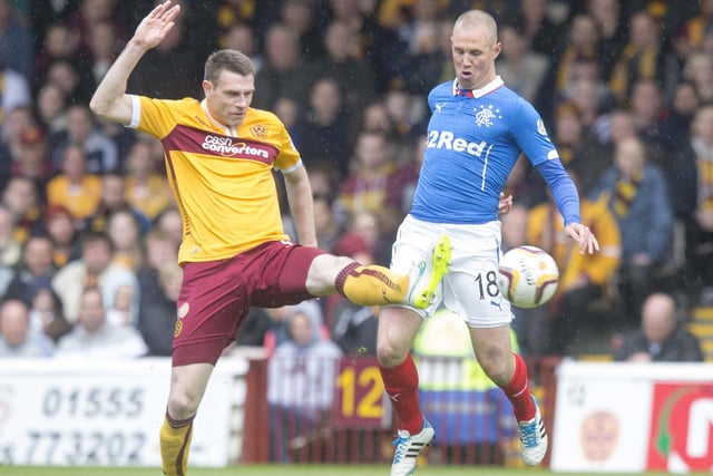 Kenny Miller of Rangers competes with Stephen McManus of Motherwell during the Scottish Premiership play-off final second leg at Fir Park on May 31, 2015. (Photo by Jeff Holmes/Getty Images)