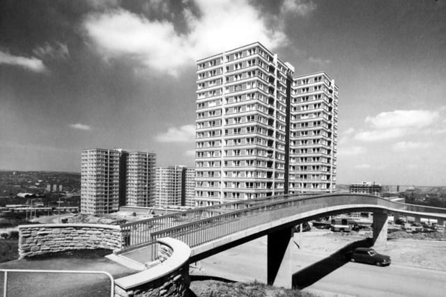 Sheffield's Norfolk Park estate pictured in 1966, showing the footbridge over Park Grange Road
