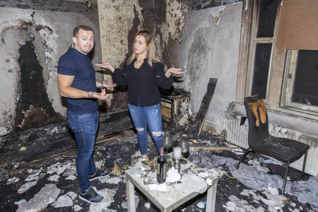 Albert Ndreu, from Sheffield, burnt his flat down proposing to girlfriend Valeria Madevic, but she still said 'yes' (photo: Lee McLean / SWNS)