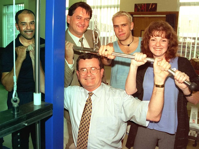 Doncaster Healthcare Trust chief executive Liam Hayes officially opened DRI's Psychiatric Unit gym in 2000. Fom left, senior physio Joey Johnson, who runs the gym, senior clinical nurse in acute psychiatry, Bernie Cartwright, patient Simon Barlow, and head occupational therapist clinical department, Jop Ball.