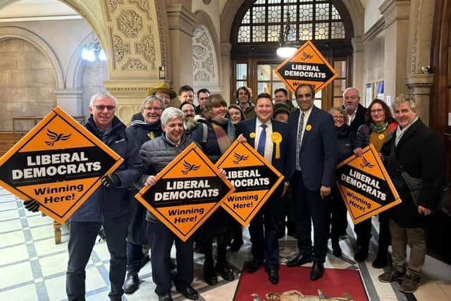 Sheffield LibDem councillors celebrate their Stannington by-election win following the election count at Sheffield Town Hall on January 18, 2024. 