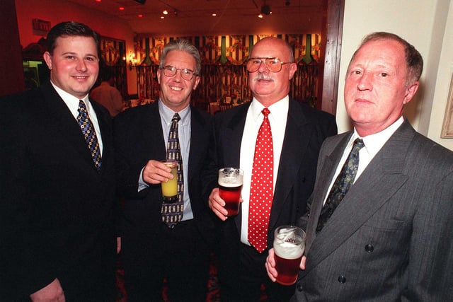 Hallam FC annual dinner at Baldwin's Omega in 1998. L to r: Lee Worton, Roy Edwards, Jeff Worton, Eric Barber.