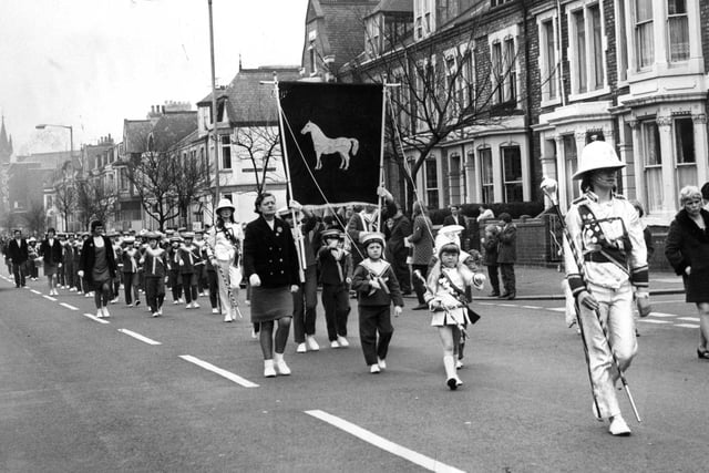 It's April 1971 and Cleadon Marines Band is pictured leading the parade of jazz bands along Ocean Road to the carnival at Bents Park. Remember this?