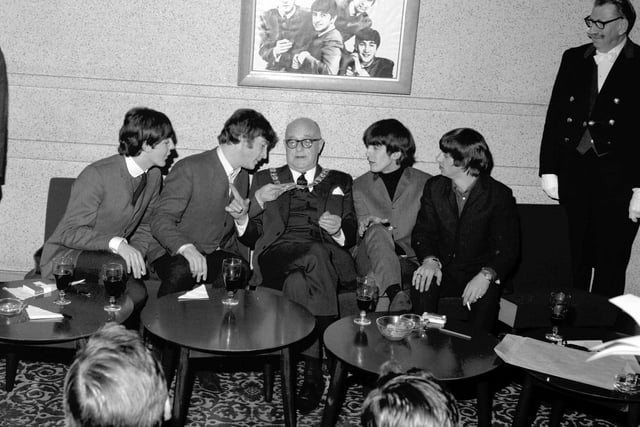 Lord Provost Duncan Weatherstone with the Beatles before their show at the ABC cinema (now an Odeon) in Edinburgh in April 1964. L-R: Ringo Starr, John Lennon, Paul McCartney, George Harrison.