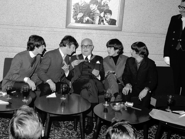 Lord Provost Duncan Weatherstone with the Beatles before their show at the ABC cinema (now an Odeon) in Edinburgh in April 1964. L-R: Ringo Starr, John Lennon, Paul McCartney, George Harrison.